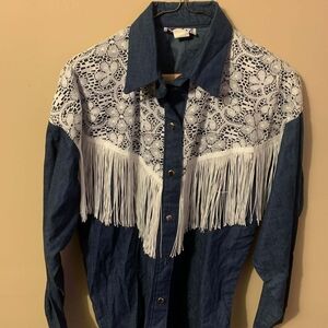 Denim Shirt with Lace and Fringe